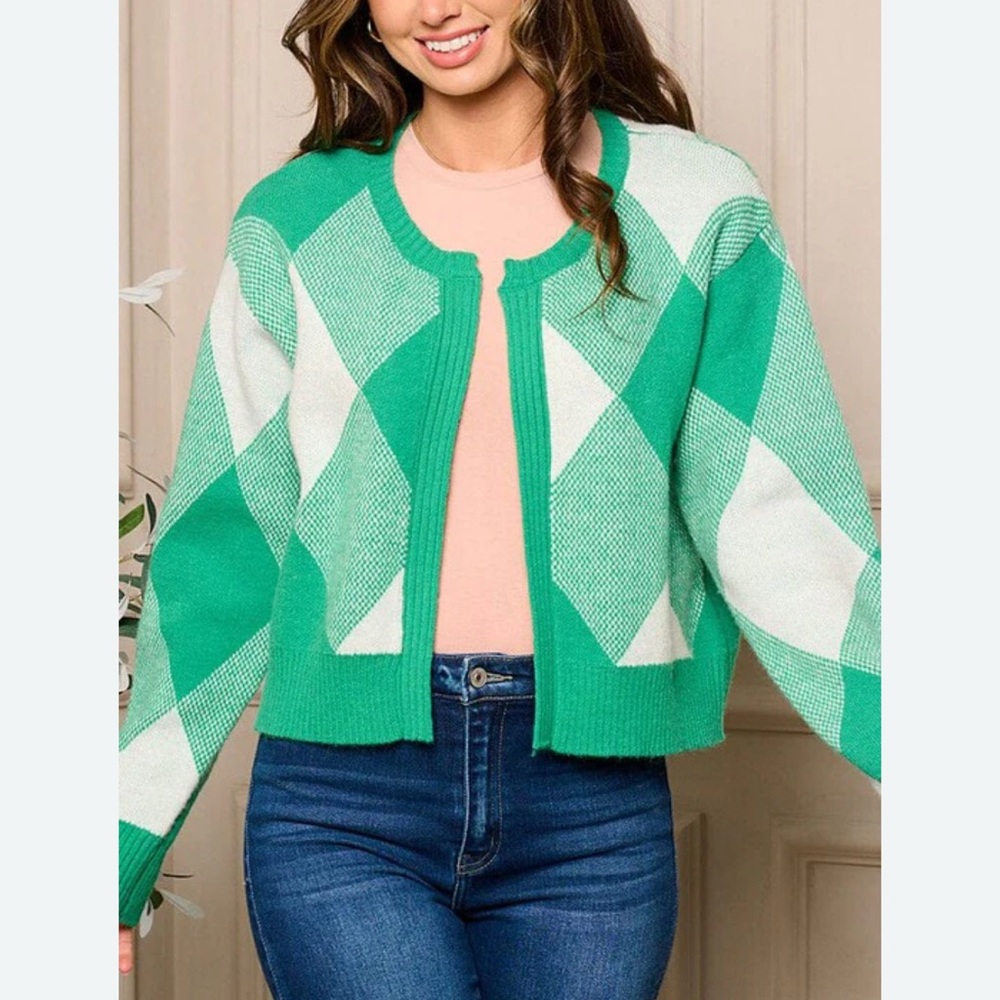 Miss Love Kelly Green Argyle Cardigan Sweater Crop Small